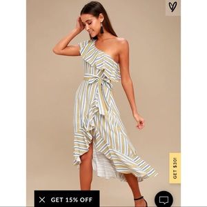 Lulu’s Yellow Striped One Shoulder Midi Dress